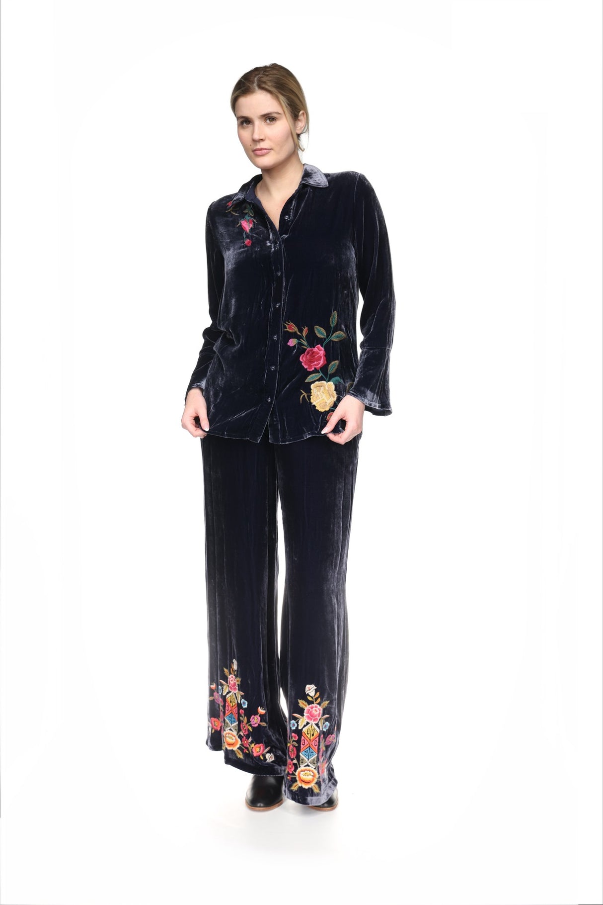 FLOUNCE SLEEVE VELVET SHIRT - ROSILIA