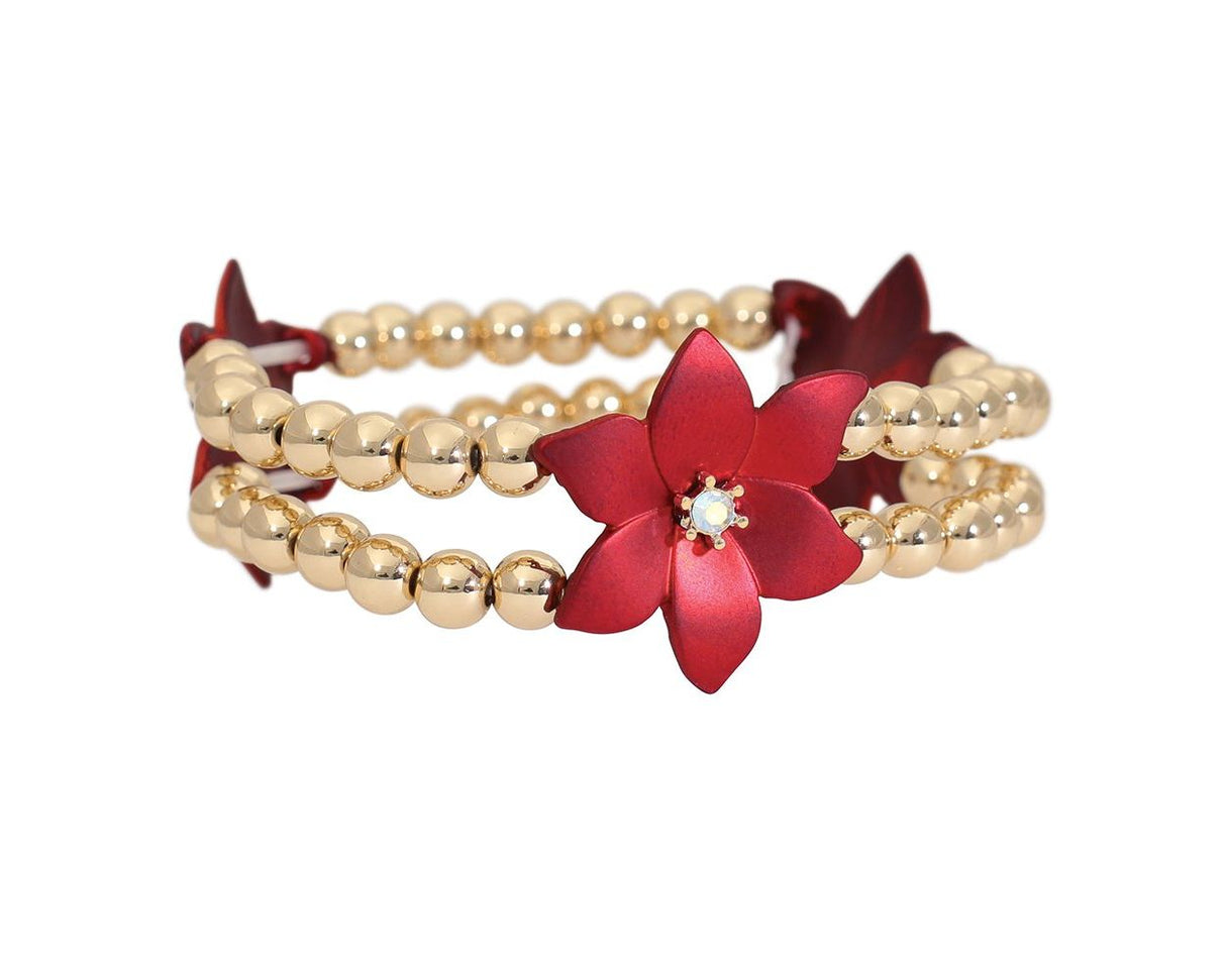 Bracelet-Red Poinsettia w GD Beads