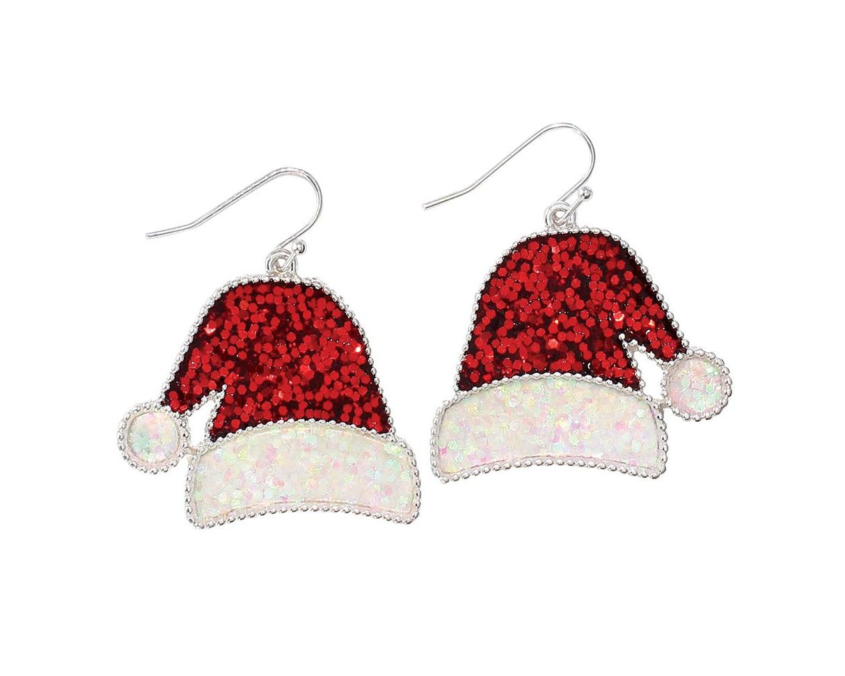 Earrings-Red Glitter Santa Hats