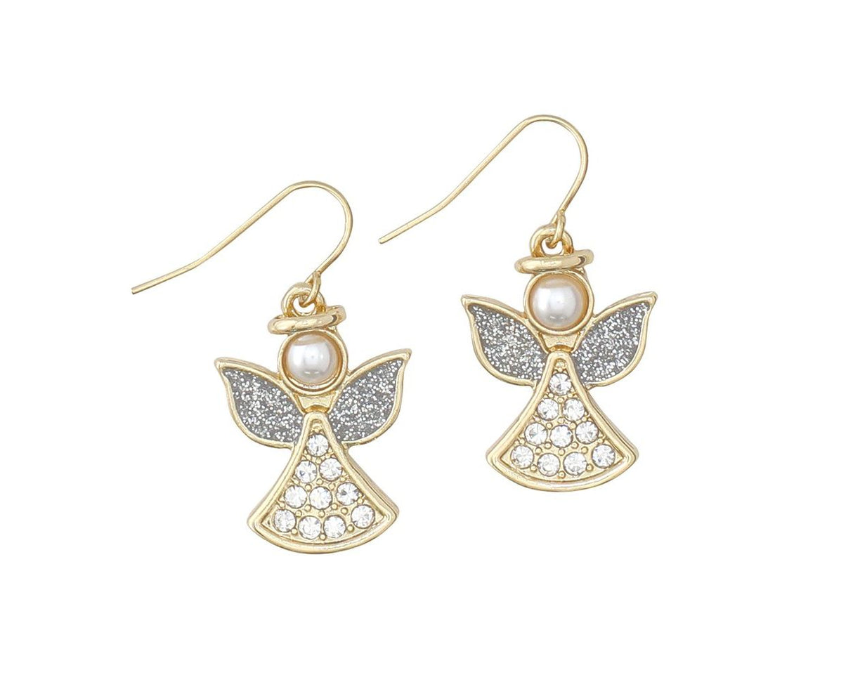 Earrings-Slv Gld CrysAngel w/ Pearl