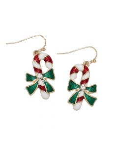 Earrings-Candy Cane w Green Bow