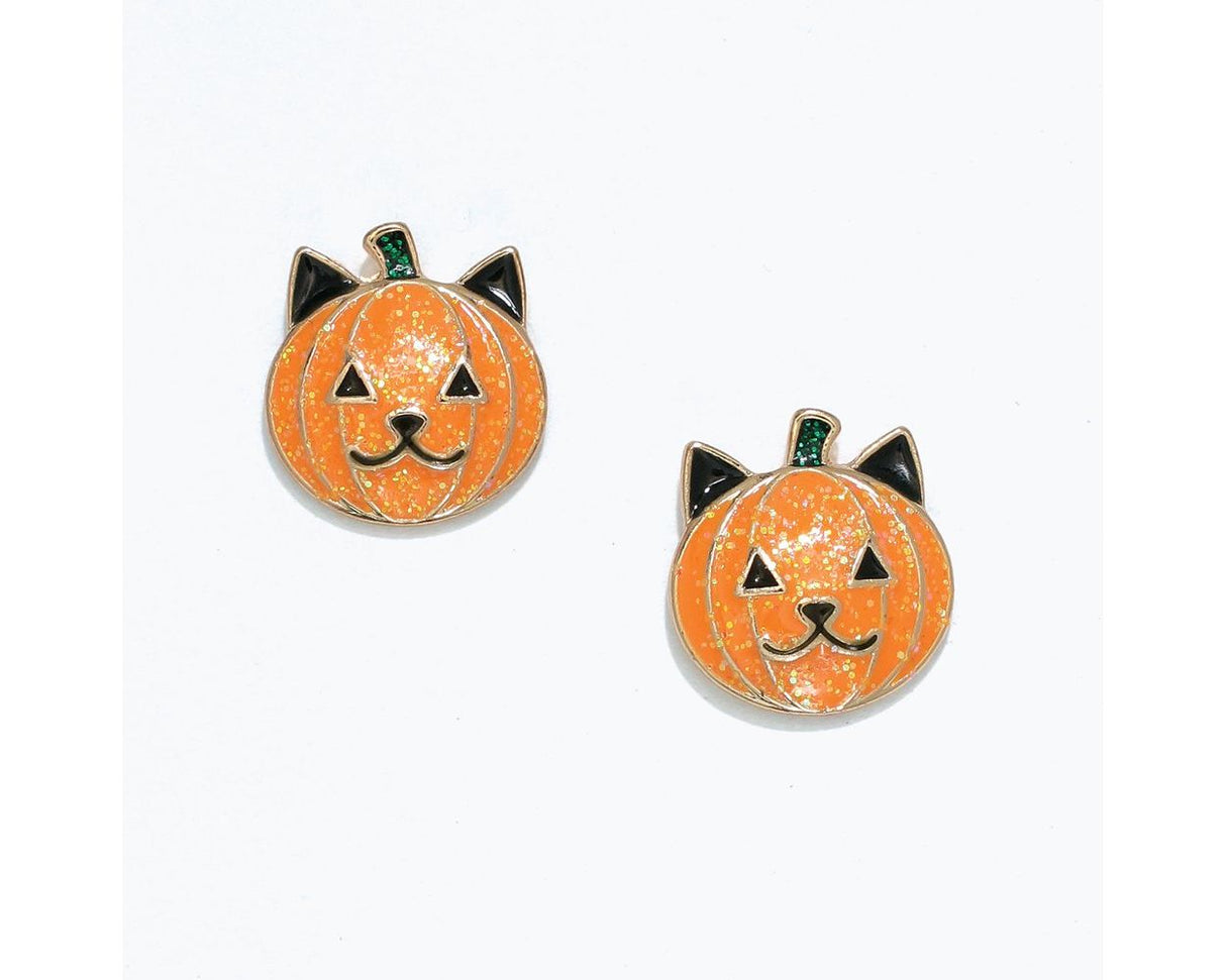 Earrings-Glittery Pumpkin Cat