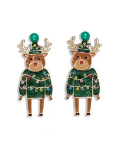 Earrings-Green Rudolph w Crystals