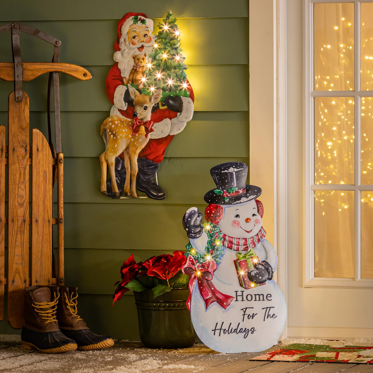 Traditional Santa and Snowman Garden Accent, LED Metal Porch
