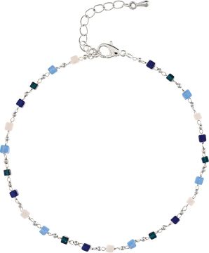 Silver Tiny Metal Blue Cube Bead Chain Anklet