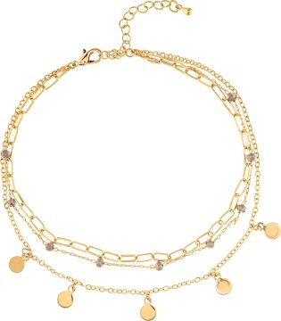 Gold Triple Chain Hem Bead and Disc Anklet