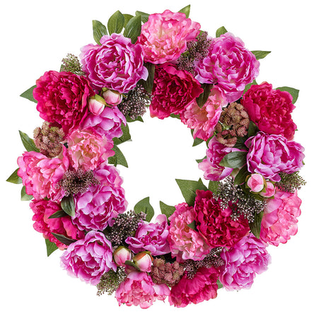 26" Peony & Sedum Silk Flower Hanging Wreath -Beauty/Boysenberry