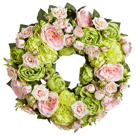 17" Silk Rose & Peony Flower Hanging Wreath -Green/Pink