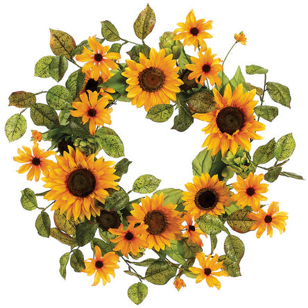 24" Silk Sunflower, Rudbeckia & Artichoke Flower Hanging Wreath -Yellow