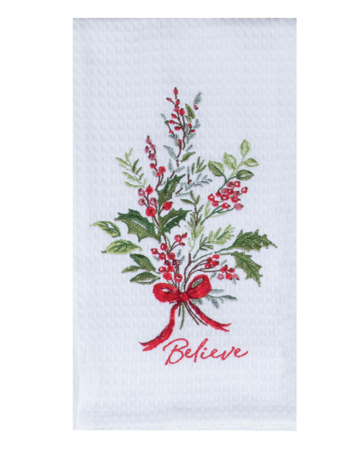 Believe Holly Berry Embroider Waffle Towel