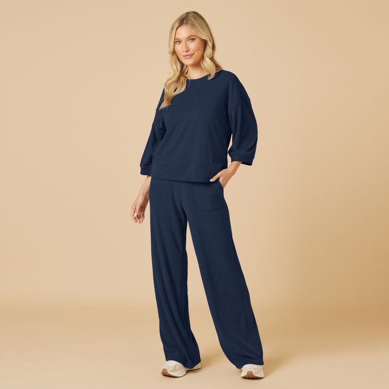 Terry Cropped Sleeve Crew Neck with Wide Leg Pant