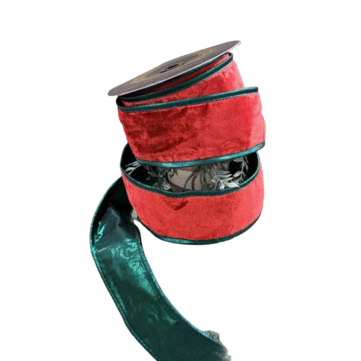Red velvet Ribbon Double Fused Metallic Green Piping-2.5x10yd