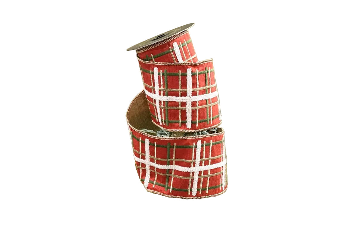 Embroidered Red, Gold, Green Plaid Dupion Fused Gold Metallic-4x5yd