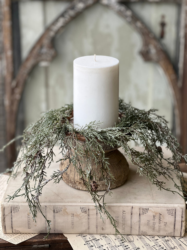 6" Weeping Cedar Candle Ring | Snow