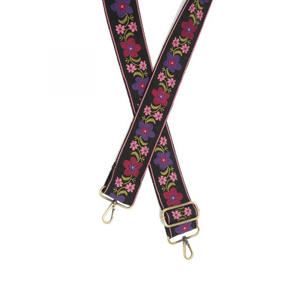 2" Black Folk Floral Emb Guitar Strap