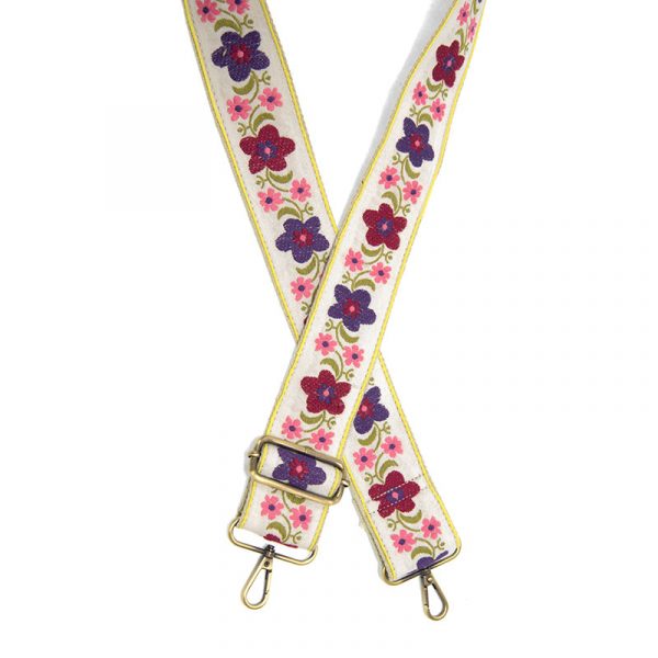 2" White Folk Floral Emb Guitar Strap