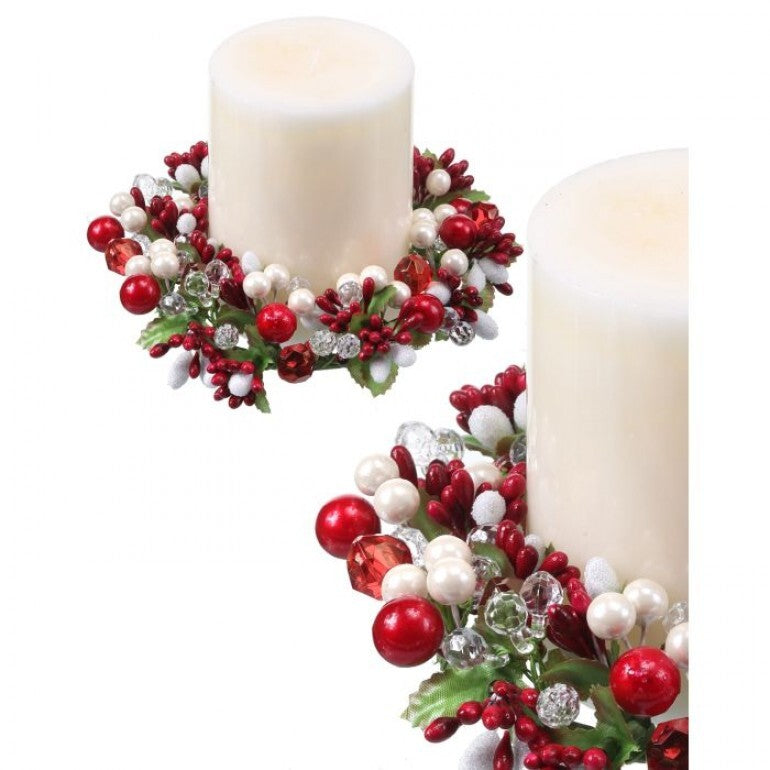 6" Pearl Berry/Jewel Candle Ring-4" Red