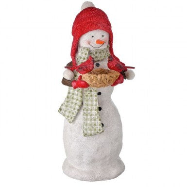 20.5" Resin Snowman W/Cap & Feeding Cardinals