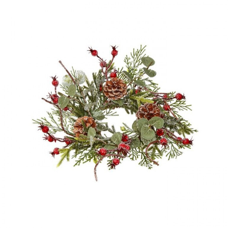 12" Frosted Mix Green + Berry + Cone Candle Ring