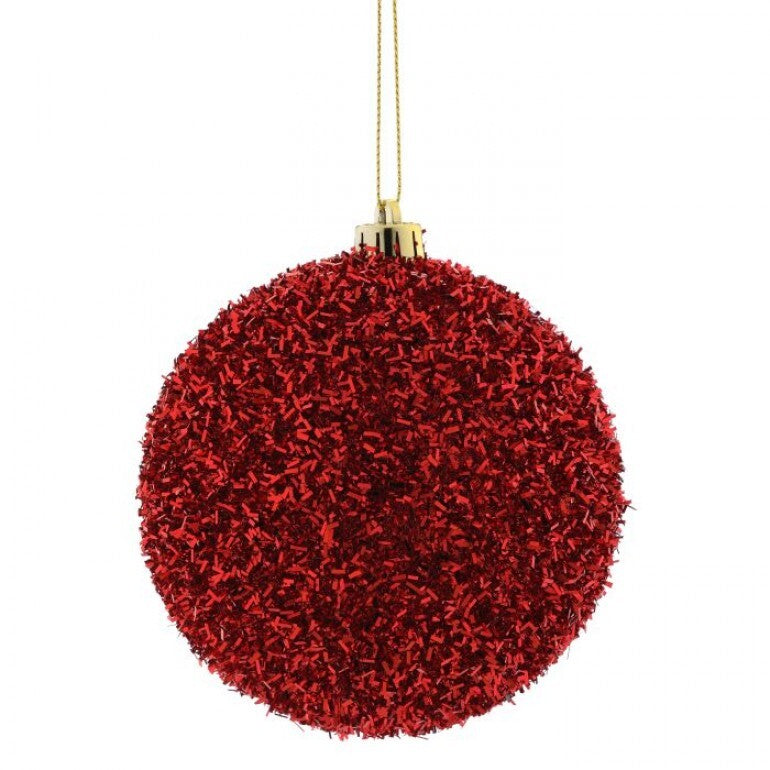 100MM Tinsel Ball Ornament - Red
