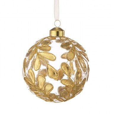 4" Clear Glass W/Leaf Ball Ornament