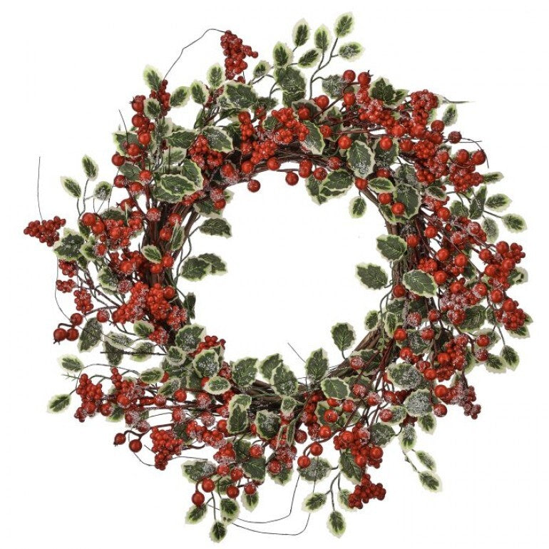 22" Iced Holly + Berry + Evergreen Wreath