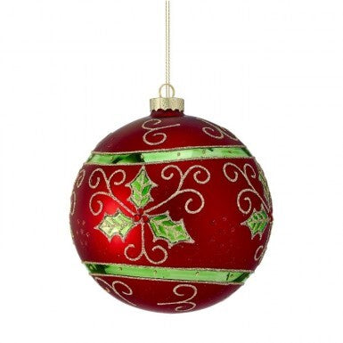 6"Matte Glass Holly Scroll Ball Ornament