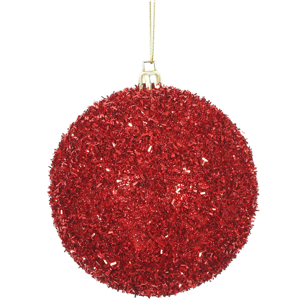 4" Red Tinsel Ball Ornament