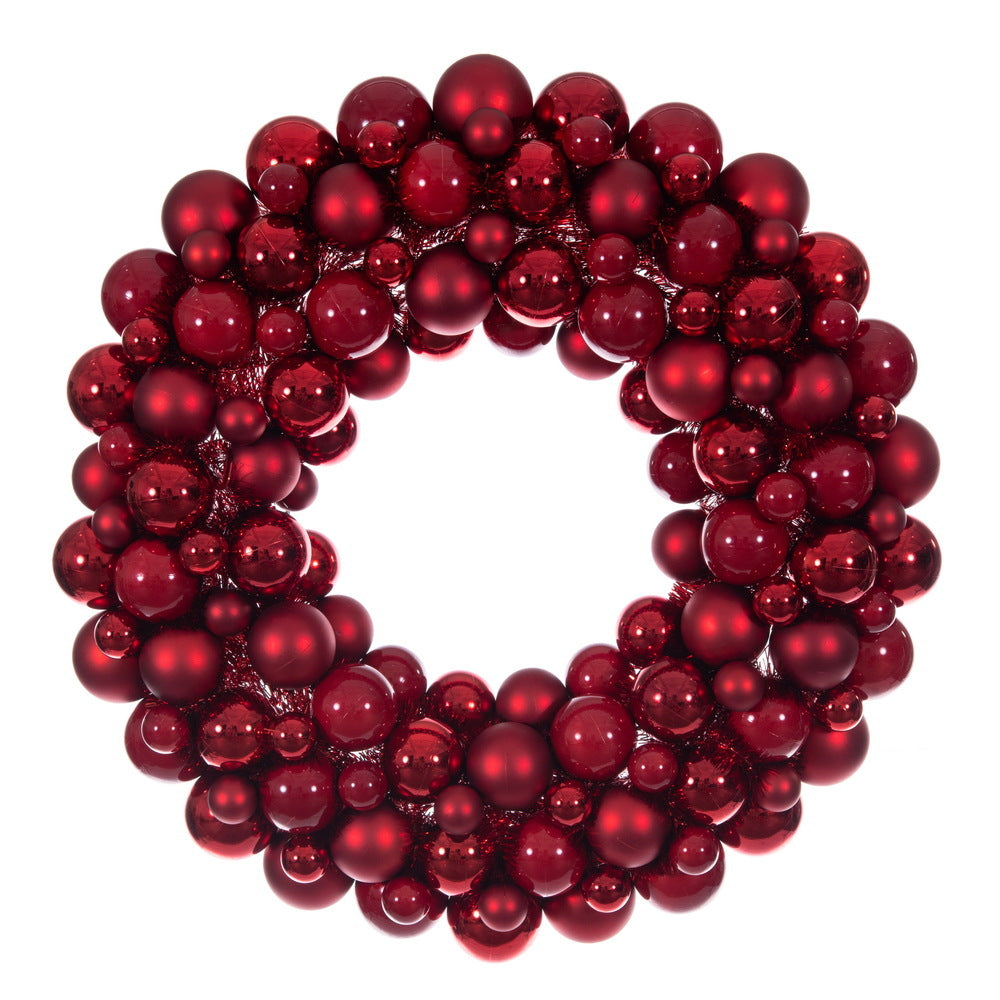 28" Red Matte Shiny Pearl Ball Wreath UV
