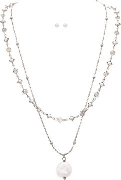 Silver Layer Chain Coin Drop Necklace with Pearl Earrings