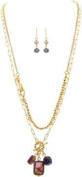 Gold Layer Chain Amethyst Stone Drop Necklace with Earrings