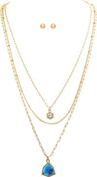 Gold Blue Cry Gems Chain Layer Necklace with Studs