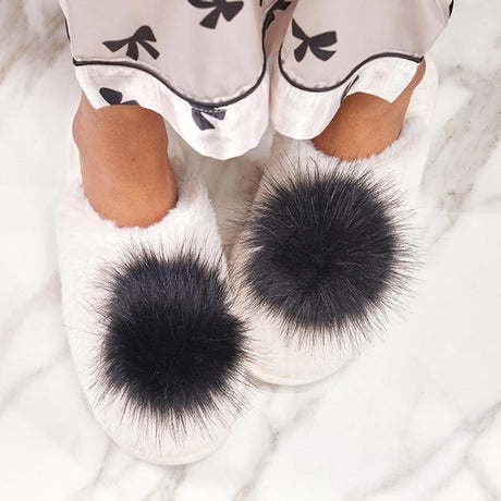 Ivory and Black Plush Pom Slipper