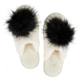 Ivory and Black Plush Pom Slipper