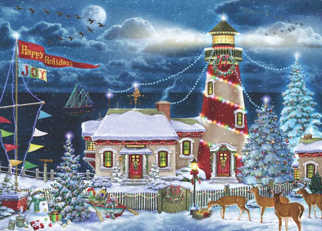 Lighthouse at Christmas Christmas Cards