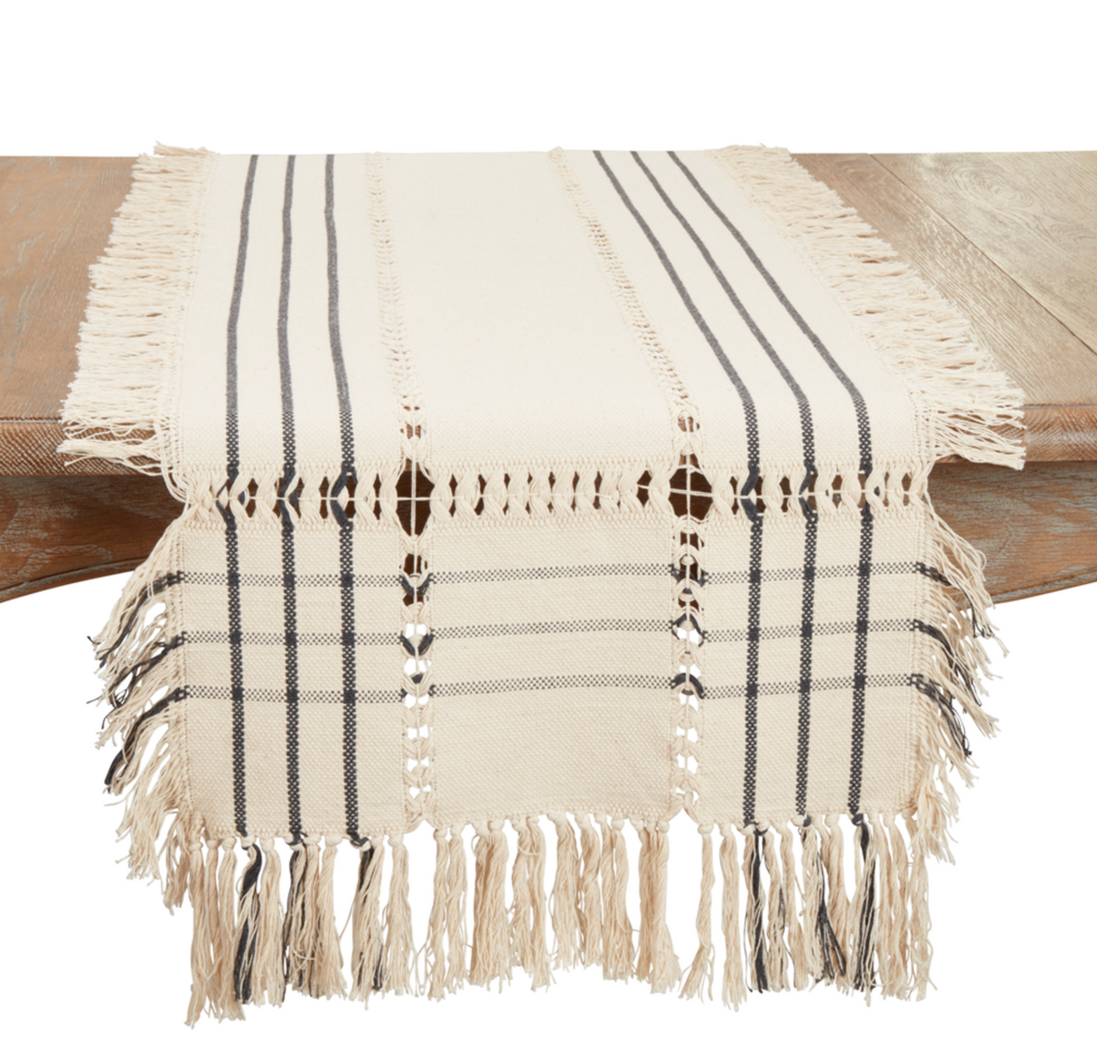 Plaid Hemstitch Fringe Runner - Natural