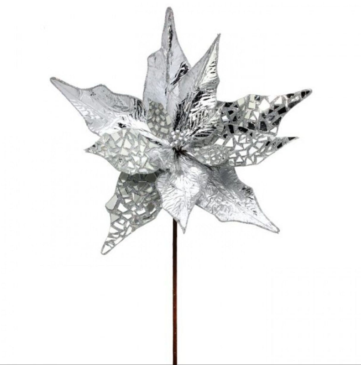 32"GLITTER W/METALIC JEWEL POINSETTIA STEM - SILVER