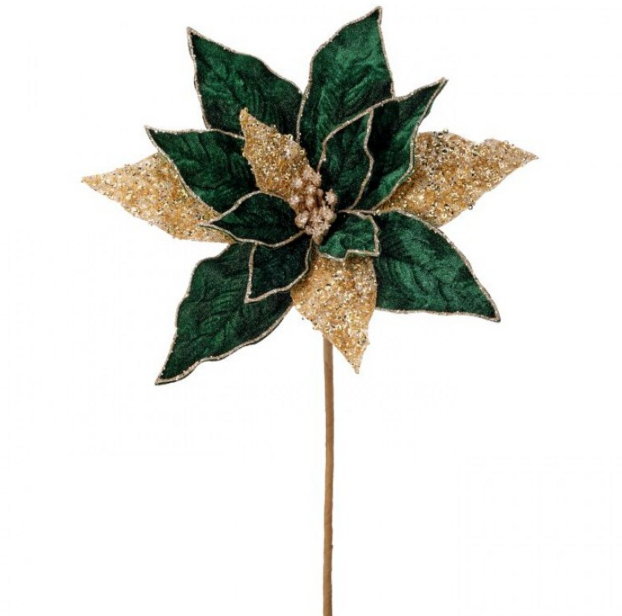 24" REGAL VELVET W/GLITTER POINSETTIA STEM - Green + Gold