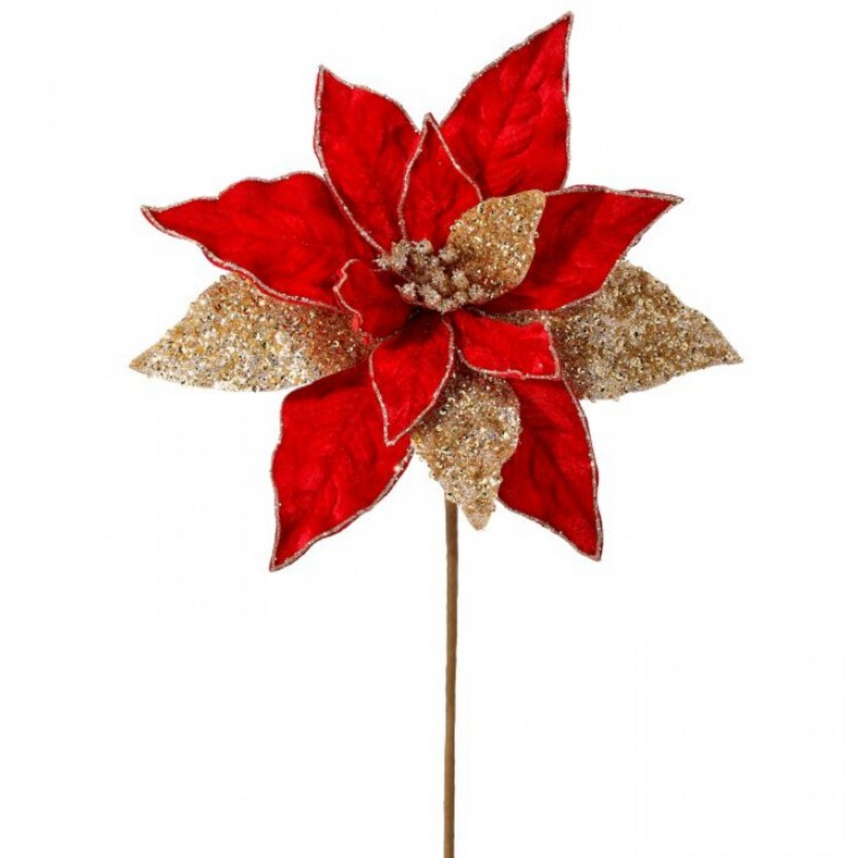 24" REGAL VELVET W/GLITTER POINSETTIA STEM - Red + Gold