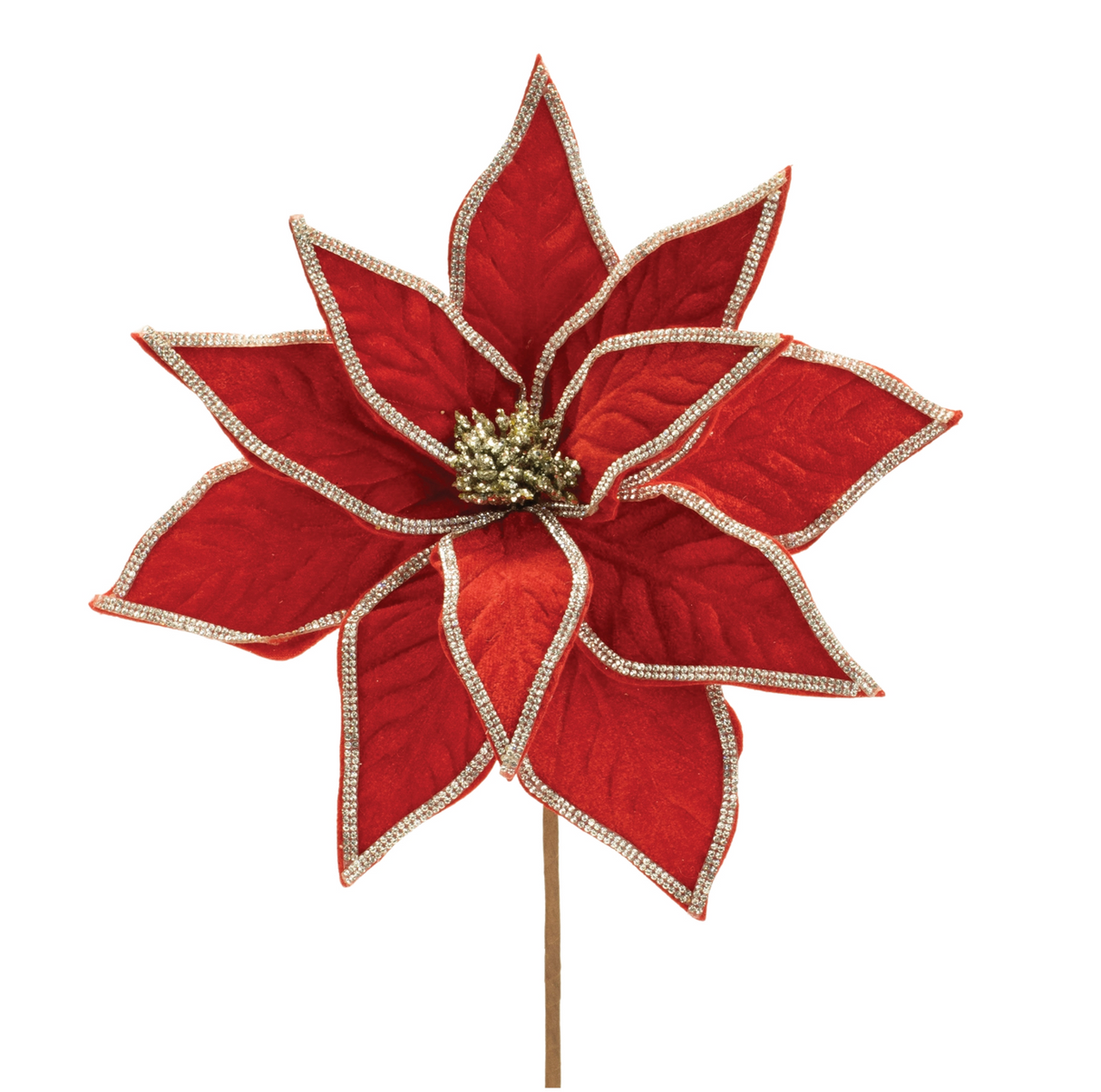 Rhinestone Embellished Red velvet Poinsettia Stem 15"H