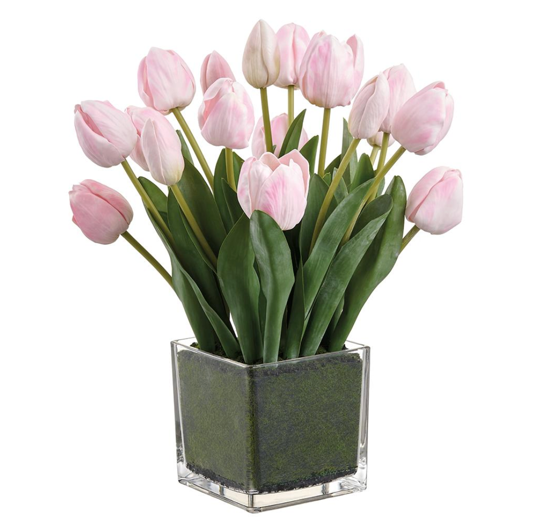 15"Tulip In Glass Vase - Pink