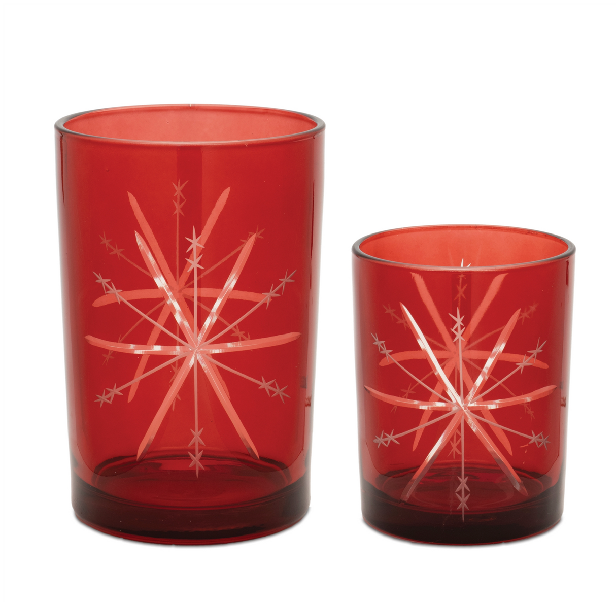 Etched Snowflake Red Glass Candle Holder