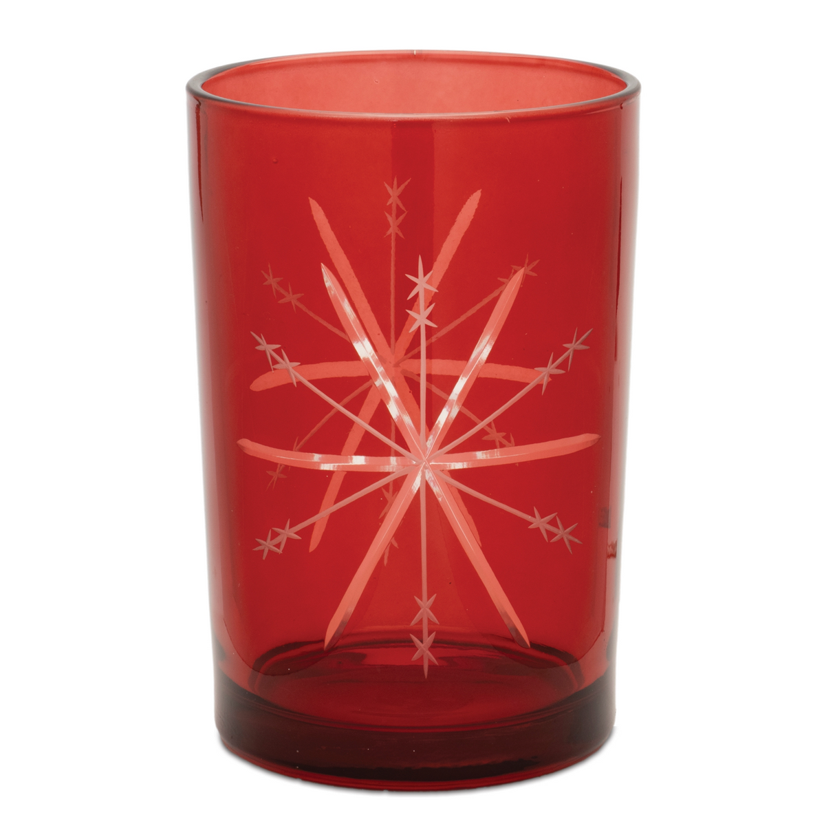 Etched Snowflake Red Glass Candle Holder