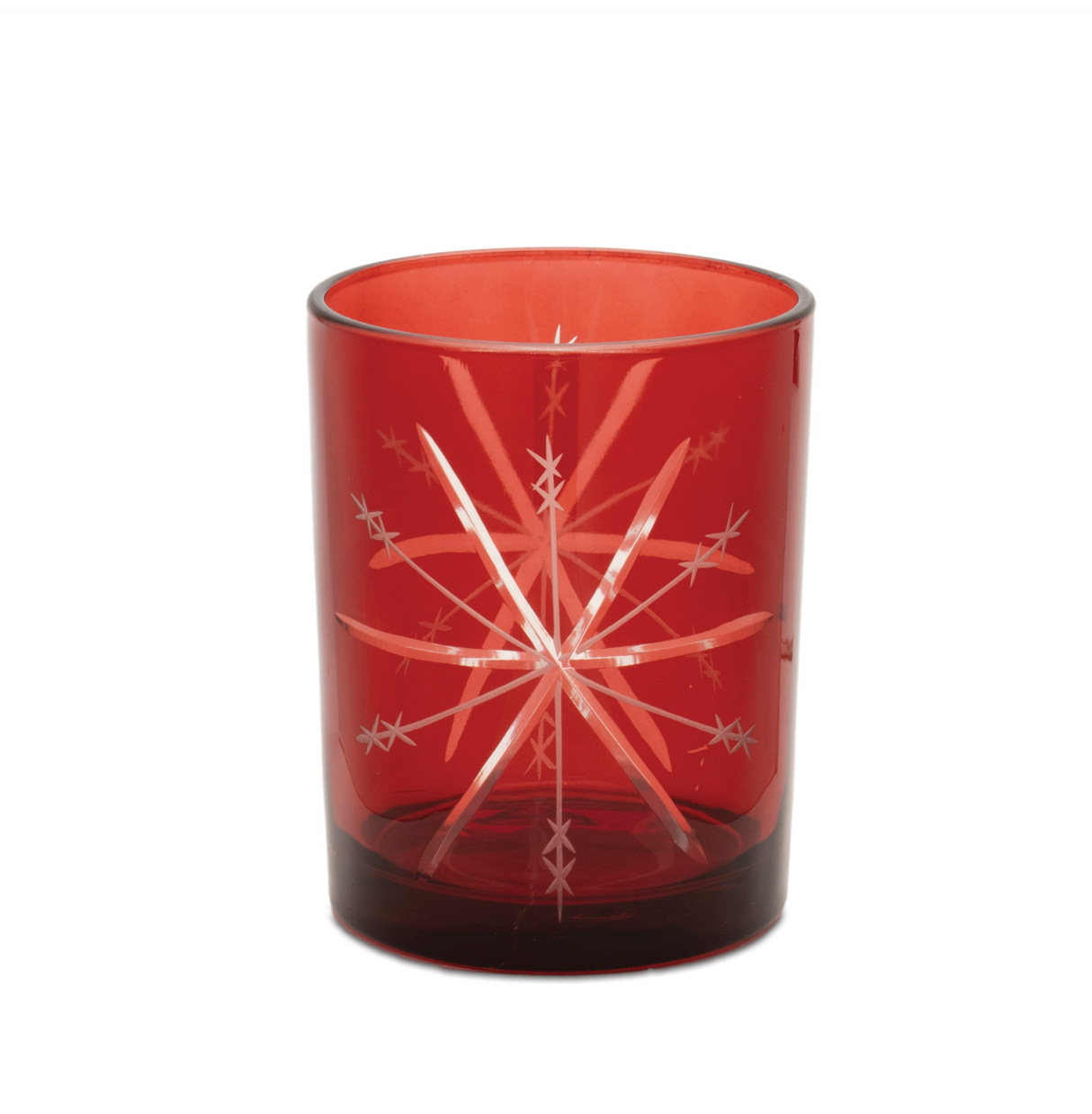 Etched Snowflake Red Glass Candle Holder