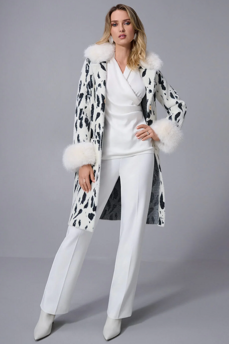 Feather Yarn Animal Jacquard Coat with Faux Fur Trim