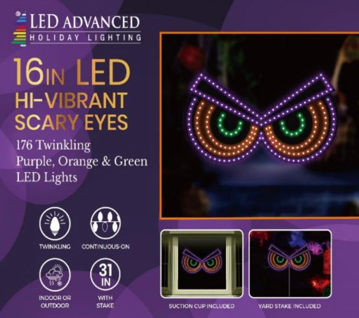 16in Hi-Vibrant Scary Eyes - 176 Micro Hi-Intensity Led Lights - Twinkling Purple, Green & Orange