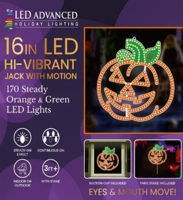 16in Hi-Vibrant "Motion" Jack O' Lantern - 194 Micro Hi-Intensity Led Lights - Steady Orange & Green