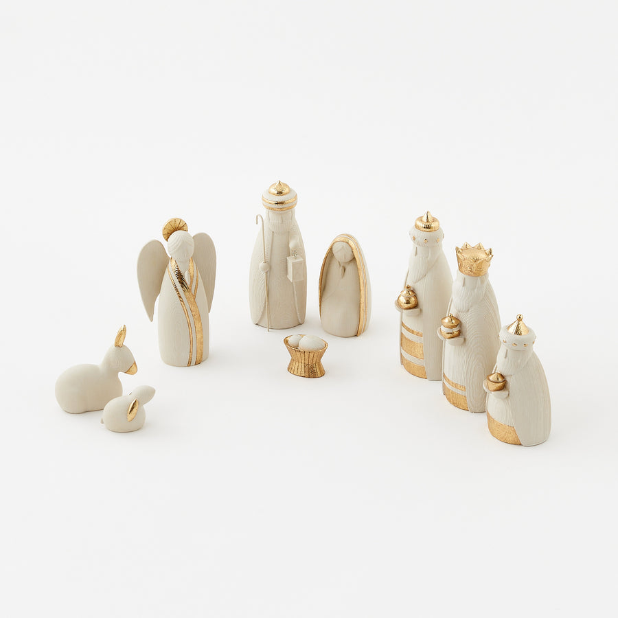 Nativity White/Gold, Set of 9 - Resin 2.5"-8.75"