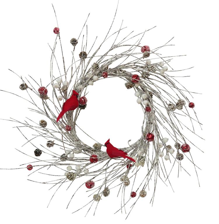 Snowy Twig, Red Bell, White, Berry, Mini Pinecone Wreath