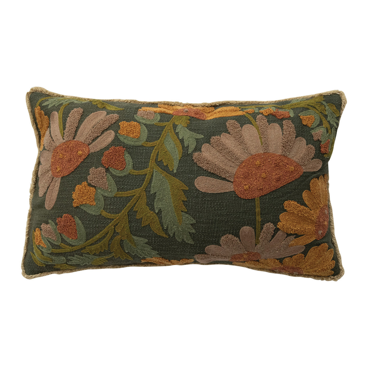 Cotton Slub Embroidered Pillow with Flowers Fringe -Chambray Back